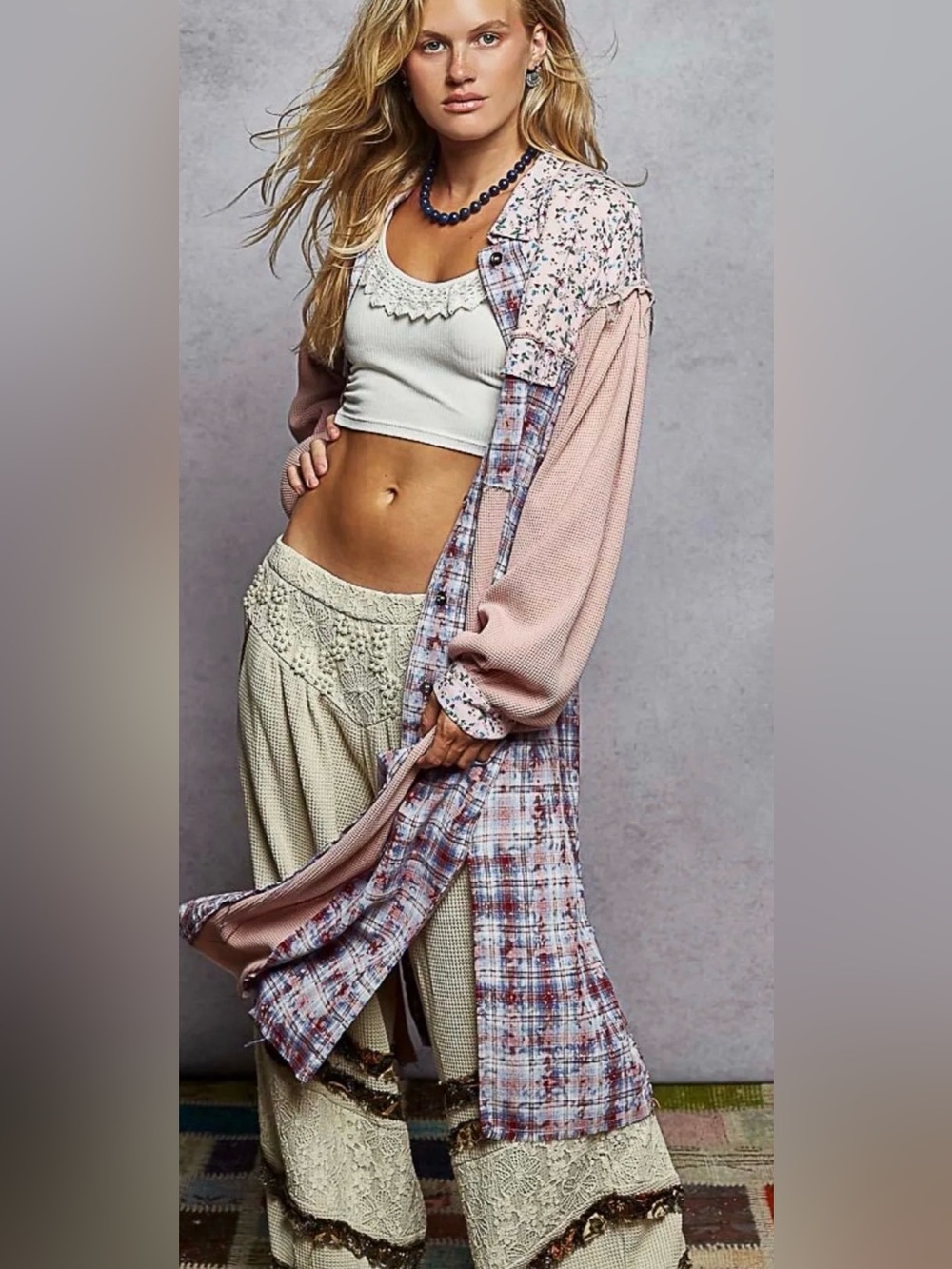 123🌟 Balloon sleeve plaid floral contrast long placket jacket: